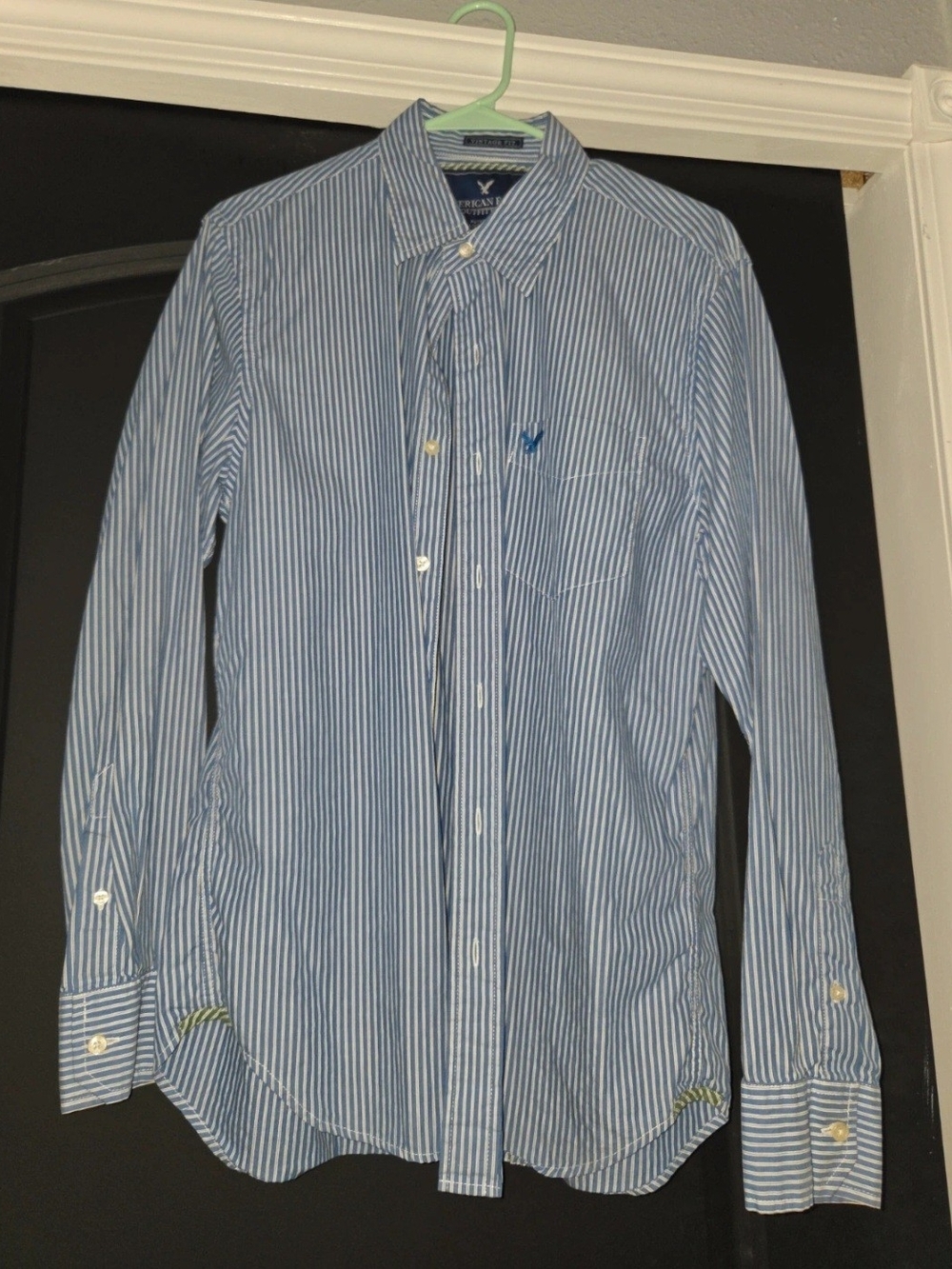 American Eagle Outfitters Light Blue and White Striped Dress Shirt